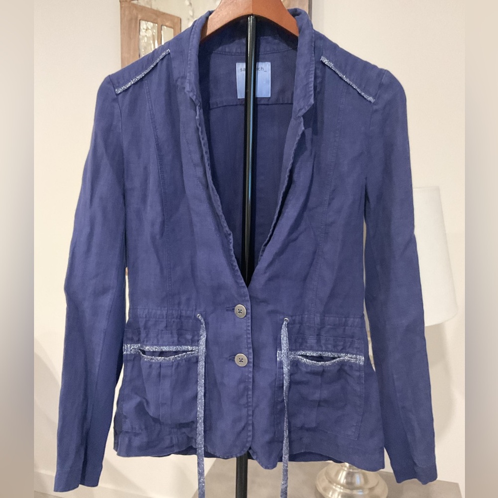 Sandwich _ Blue Linen Mix with Jersey Stretch Jacket with Belted Waist